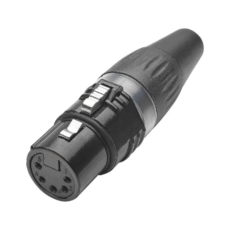 Neue Kollektion HICON XLR BASIC, 5-pol female, versilberte Kontakte, Metallgehäuse schwarz, Kunststoffkappe schwarz, 3-Backen-Spannzangen-Zugentlastunng