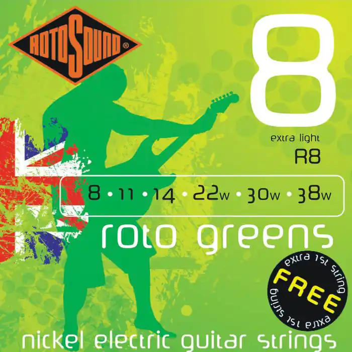 Abverkauf ROTOSOUND R8 Roto Greens Extra Light 008-038 Nickel plated Steel. Saiten für E-Gitarre