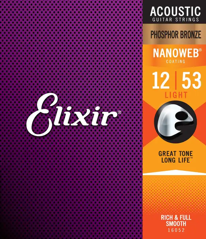 Neue Kollektion ELIXIR 16052 Nanoweb Phosphor Bronze 012-053 Anti Rust Plain Steel. Saiten für Westerngitarren.