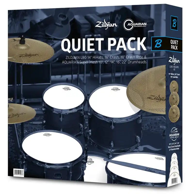 ZILDJIAN Quiet Pack B (14-16-18 + 10-12-14-16-22) L80 Beckenset und Aquarian Super-Mesh Heißes Angebot