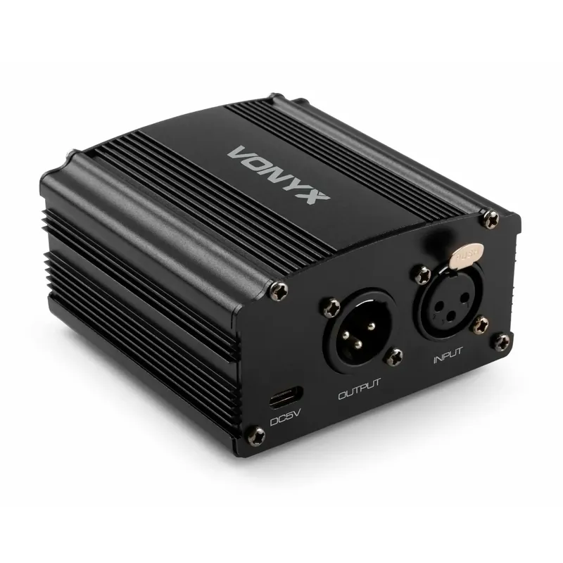 Vonyx VDX10 Phantomspeisung +48 Volt Universal Phantom Power Supply, Phantom Leistungsversorgung mit Adapter für Studio, Kondensator Mikrofone Preisreduziert