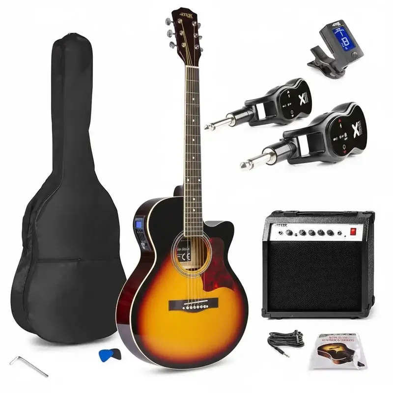 Beliebt MAX Showkit kabelloses E-Akustikgitarren-Set - Mit Sender, Empfänger und Zubehör - Sunburst